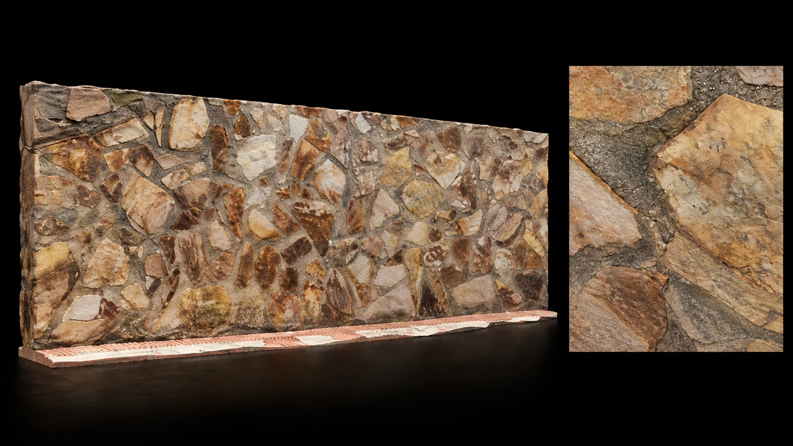 Muro de piedra: vista de presentación y detalle de la superficie